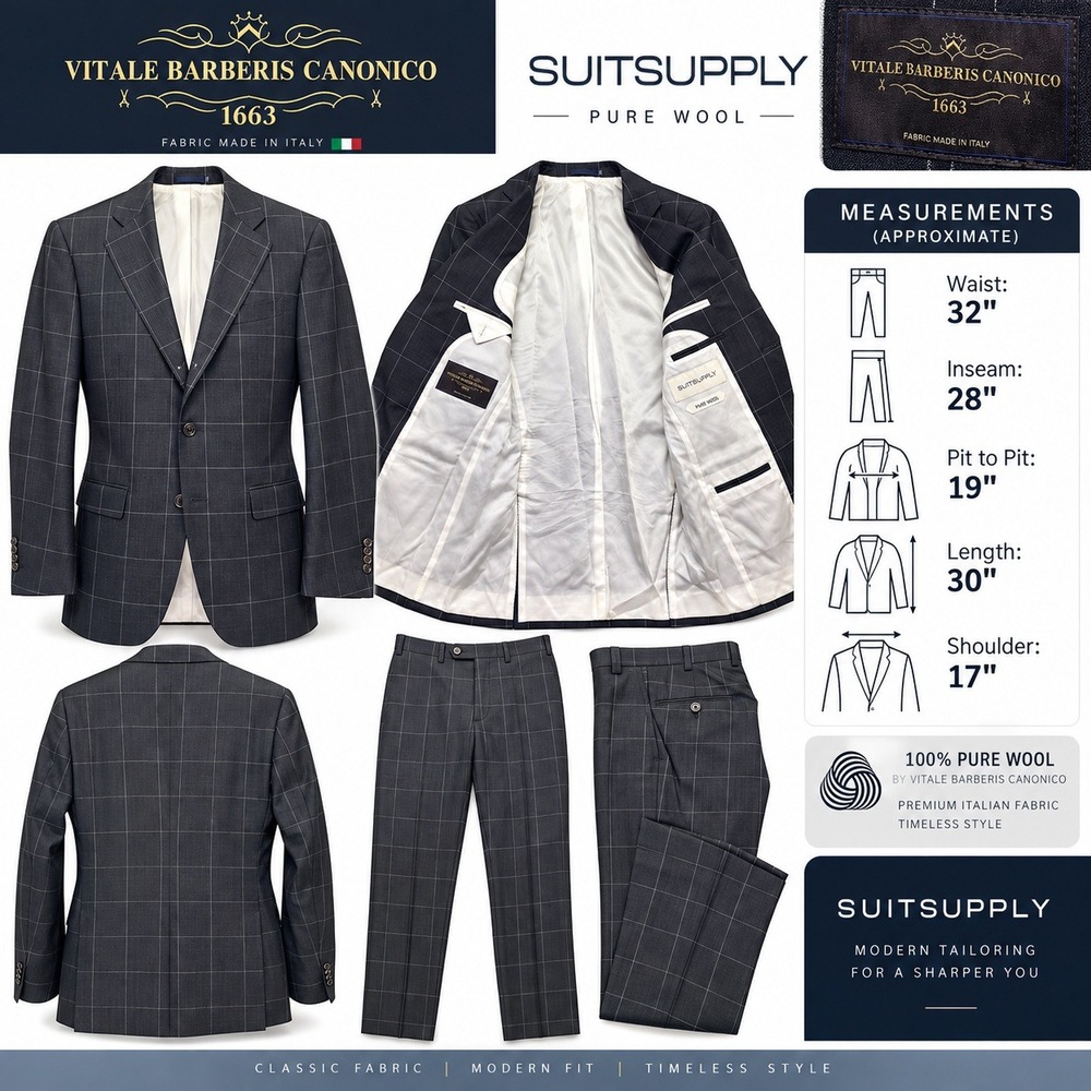 Suitsupply Lazio Brescia Suit Vitale Barberis Canonico Pure Wool Grey Plaid IT46